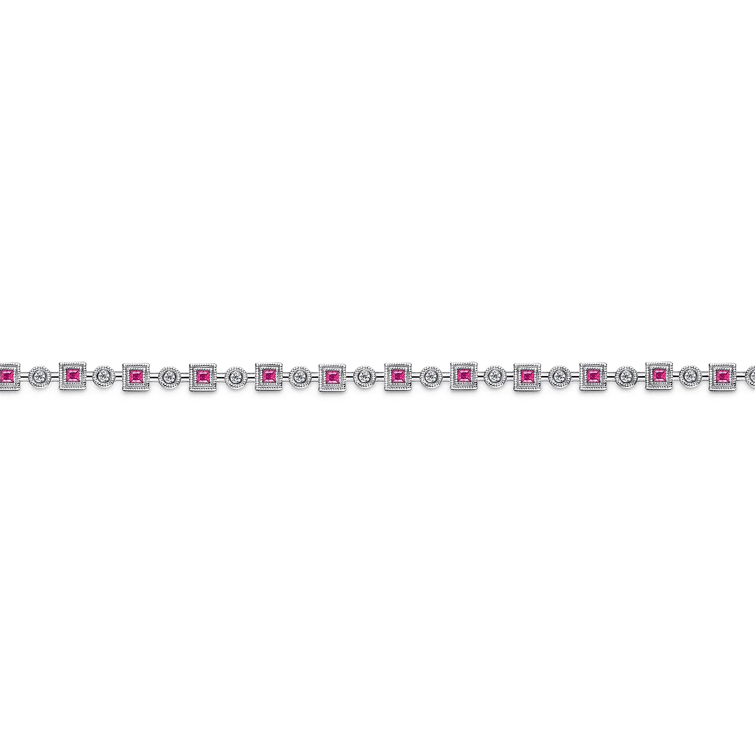 Geometric Diamond and Ruby Tennis Bracelet in 14K White Gold, photograph 2