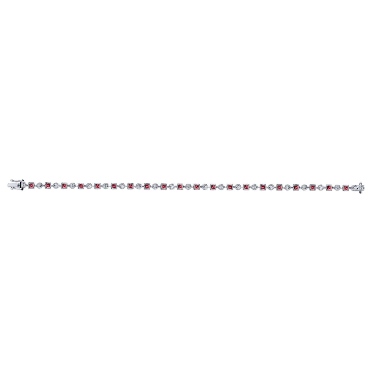 Geometric Diamond and Ruby Tennis Bracelet in 14K White Gold, photograph 3
