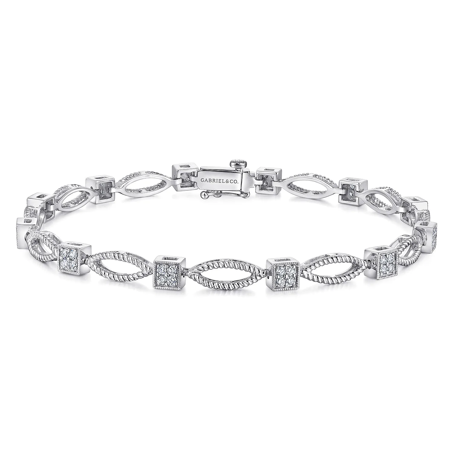 Twisted Rope Link Tennis Bracelet with Pave Diamond Cube Spacers