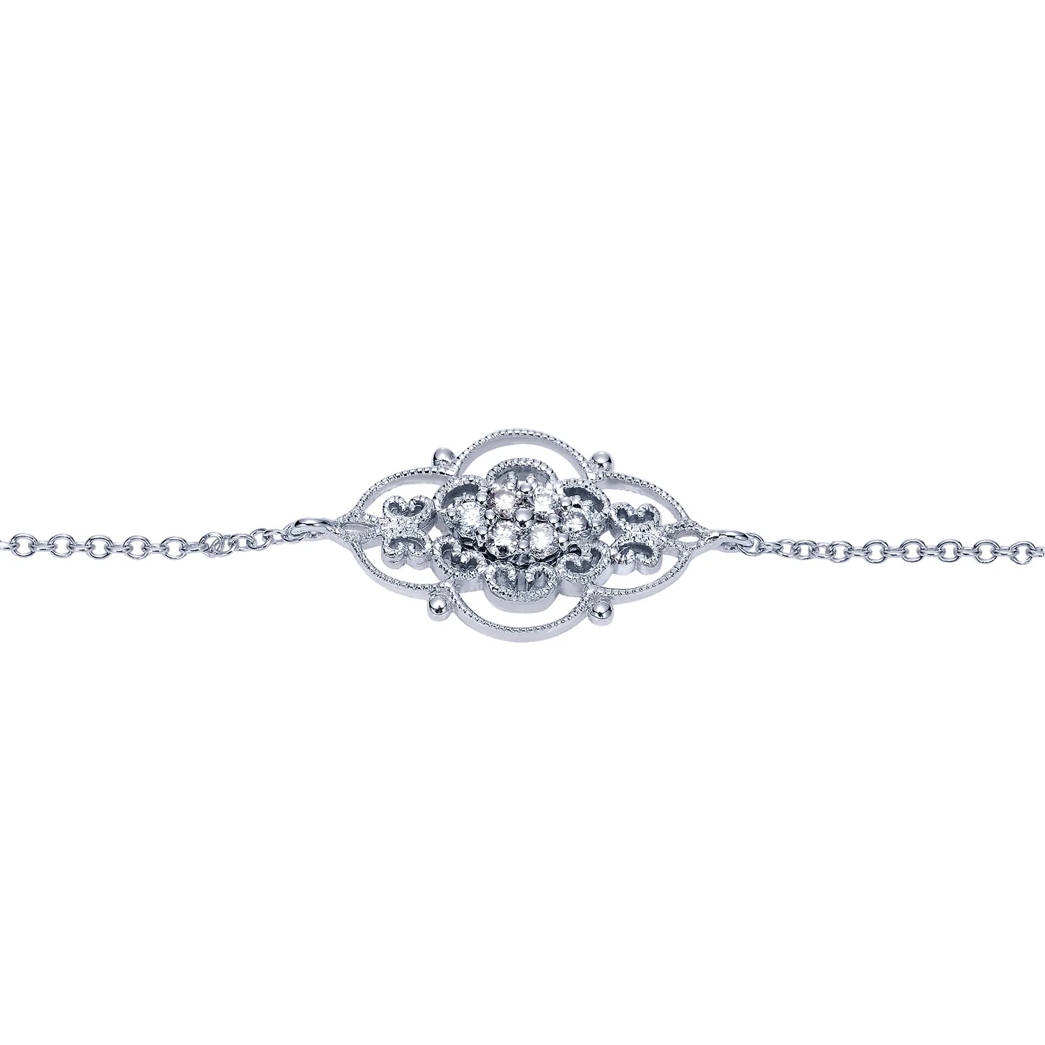 Chain Bracelet with Diamond Filigree Center Station in 14K White Gold, photograph 2