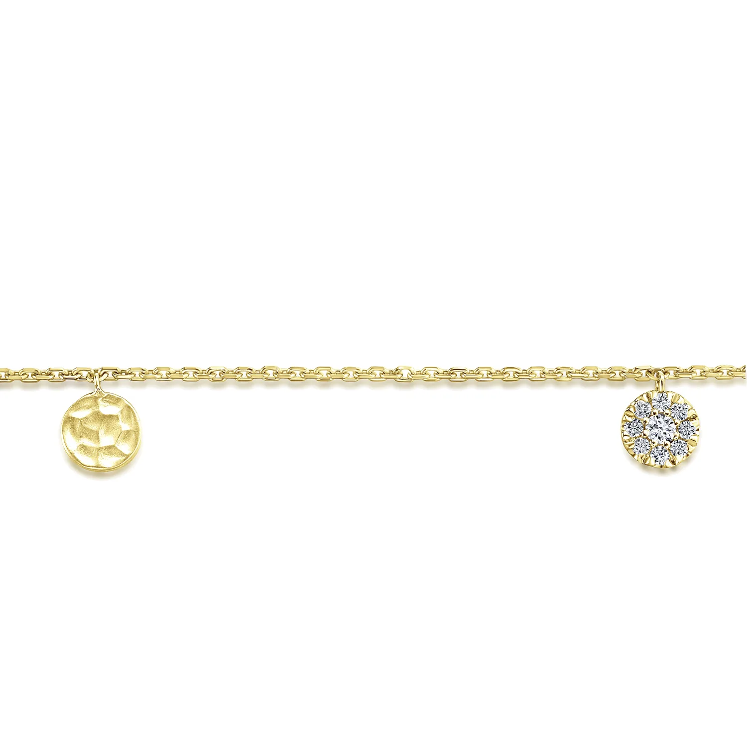 Chain Bracelet with Hammered and Pave Diamond Discs in 14K Yellow Gold, photograph 2