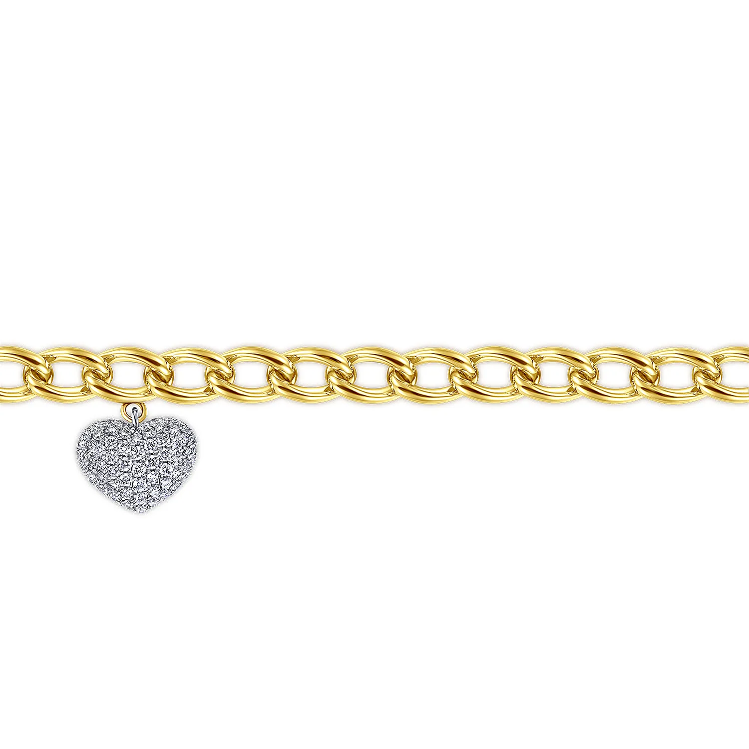 Chain Link Bracelet with Pave Diamond Puff Charm in 14K White/Yellow Gold, photograph 2