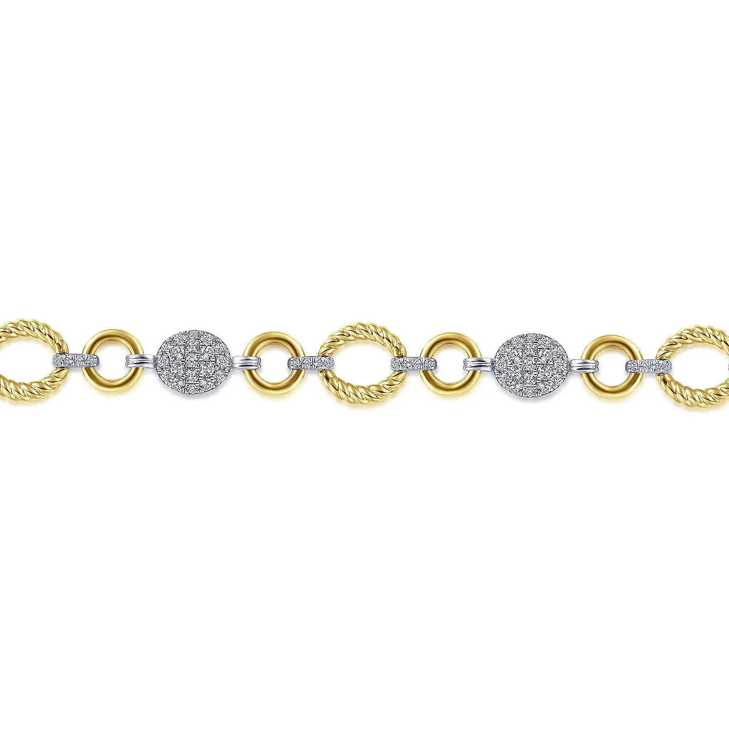 Twisted Rope Link Bracelet with Pave Diamond Cluster Stations in 14K White/Yellow Gold, photograph 2