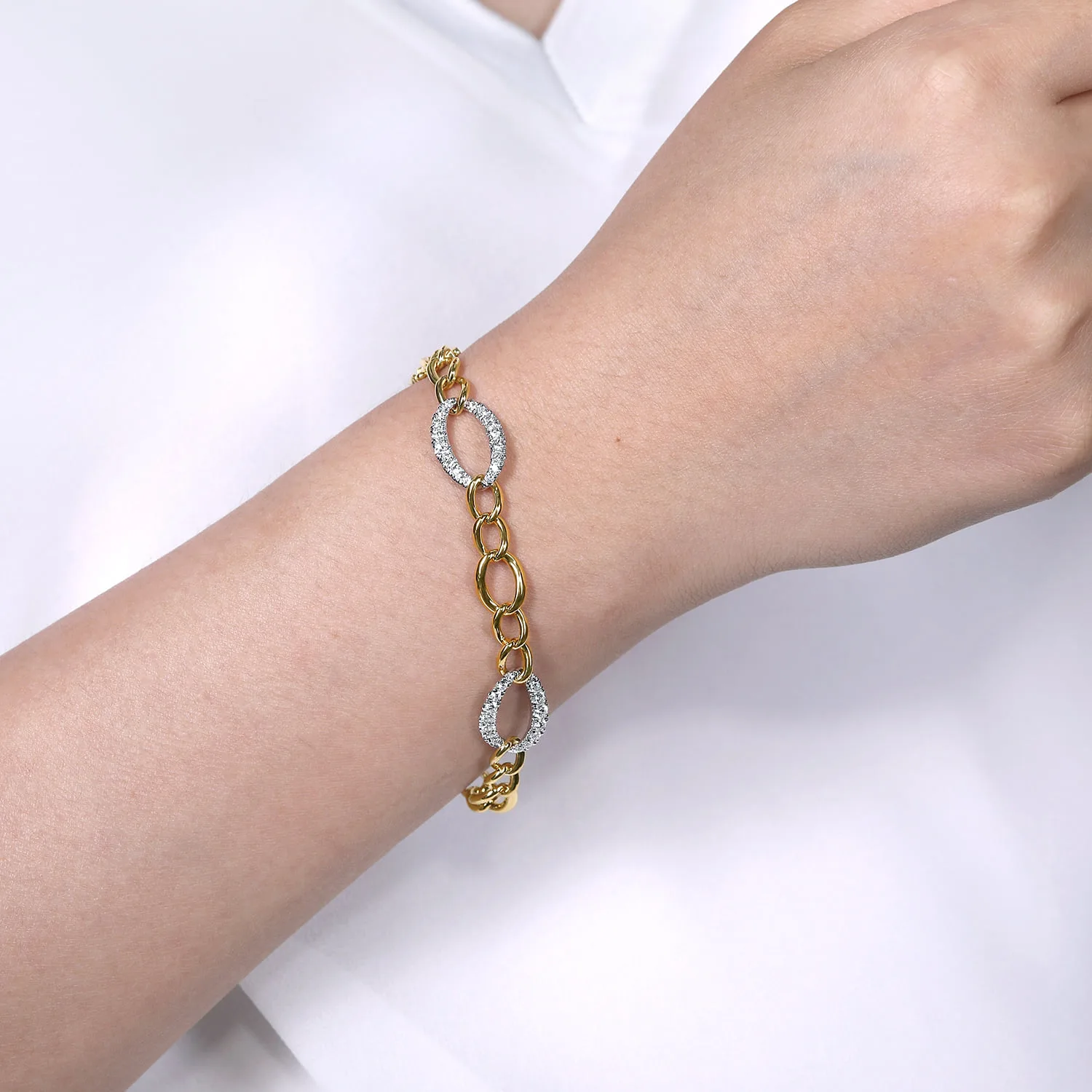 Chain Link Bracelet with Diamond Pave Link Stations in 14K White/Yellow Gold, photograph 3
