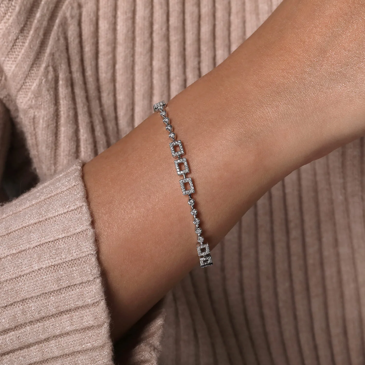 Buttercup Diamond Tennis Bracelet with Rectangle Stations in 14K White Gold, photograph 3
