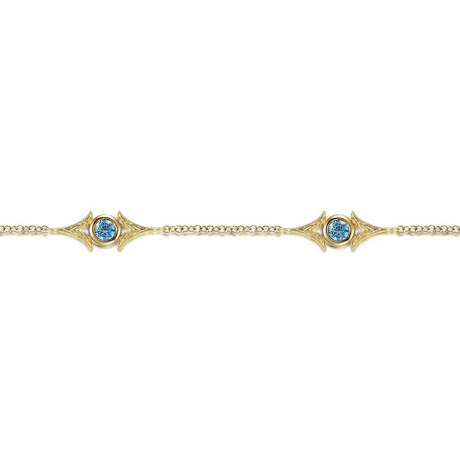 Chain Bracelet with Blue Topaz Triangle Stations in 14K Yellow Gold, photograph 2