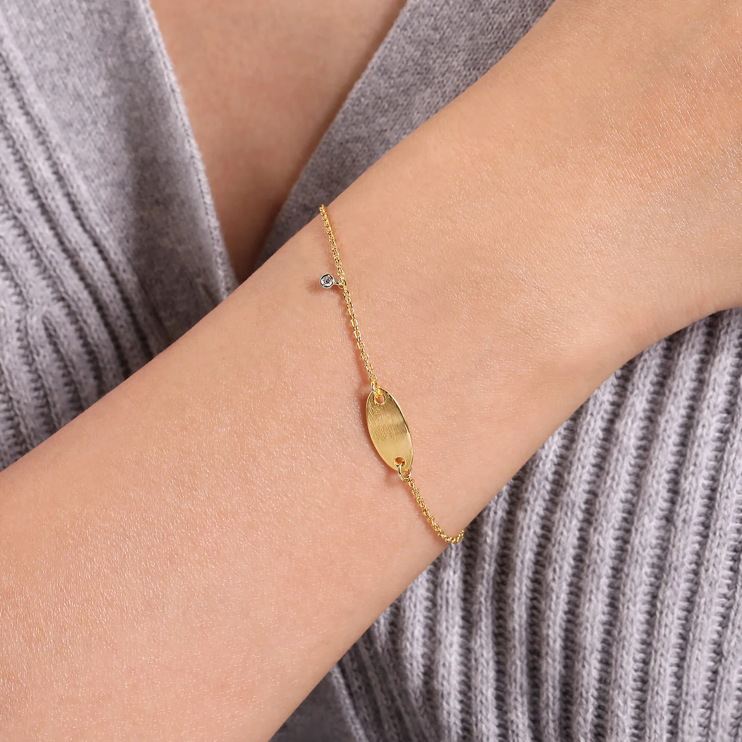 Nameplate Bracelet with Bezel Set Diamond Charm in 14K White/Yellow Gold, photograph 3