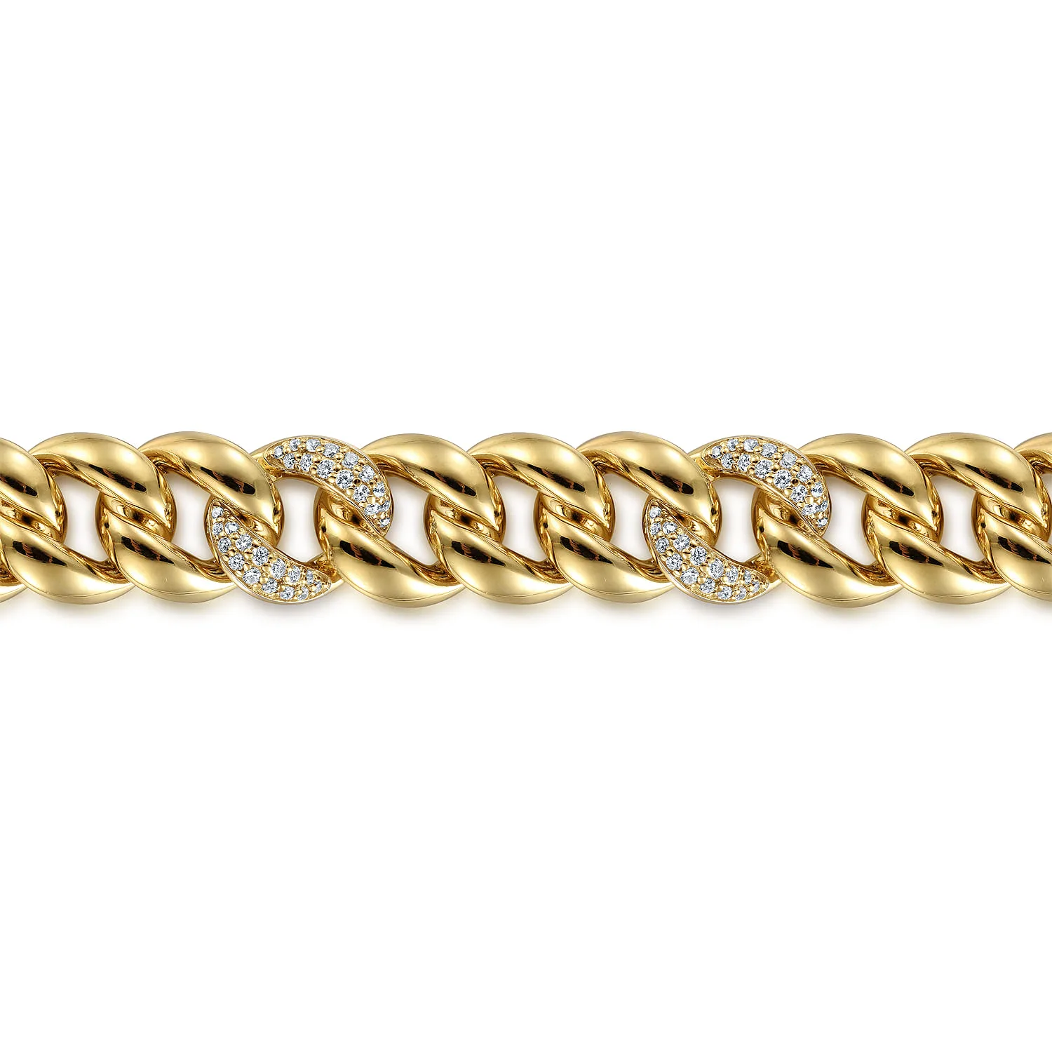 12mm Hollow Cuban Link Tennis Bracelet with Pave Diamond Stations in 14K Yellow Gold, photograph 2