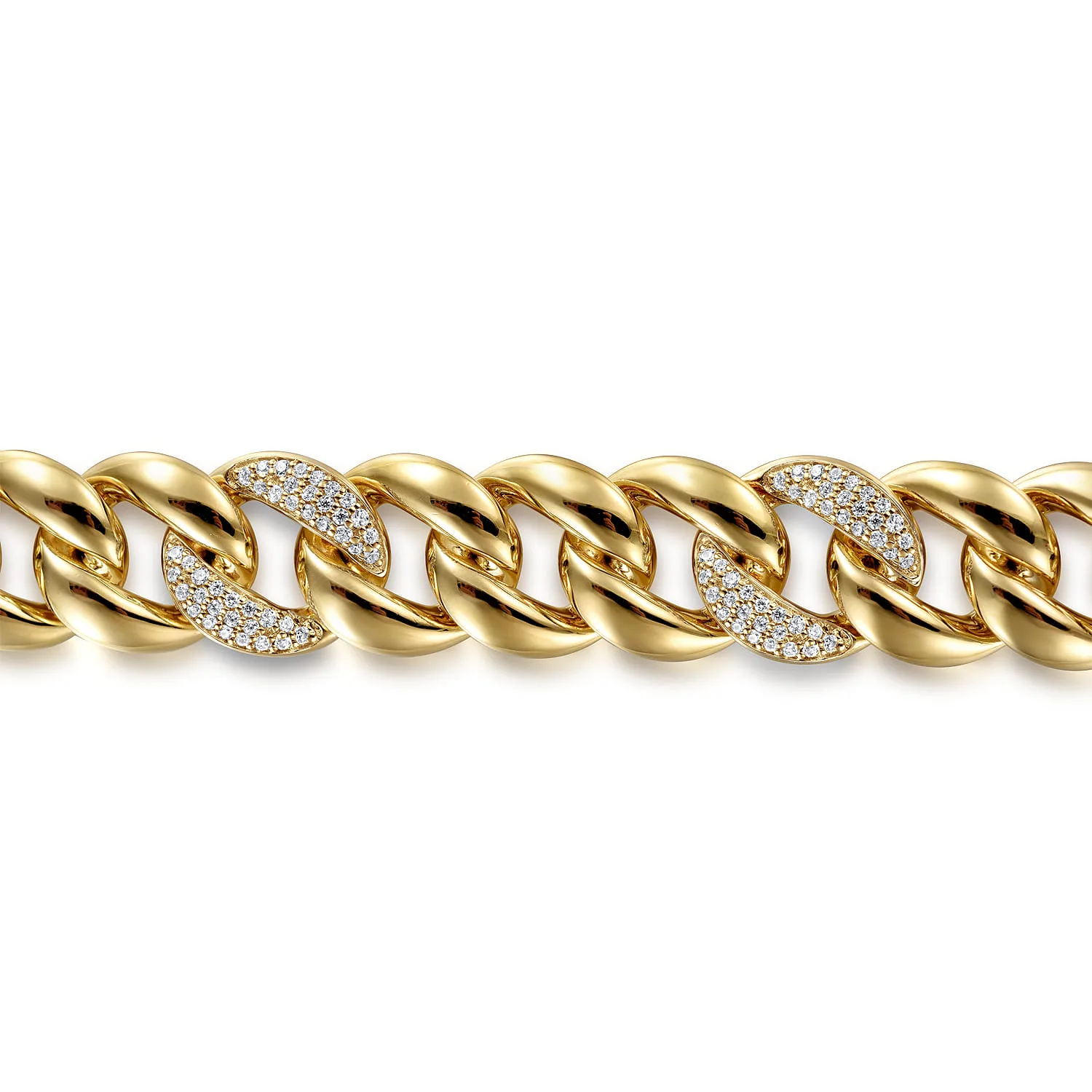 14mm Hollow Cuban Link Tennis Bracelet with Pave Diamond Stations in 14K Yellow Gold, photograph 2