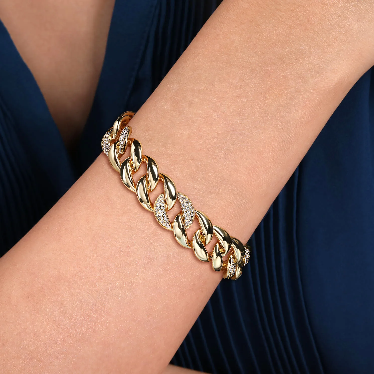 14mm Hollow Cuban Link Tennis Bracelet with Pave Diamond Stations in 14K Yellow Gold, photograph 3