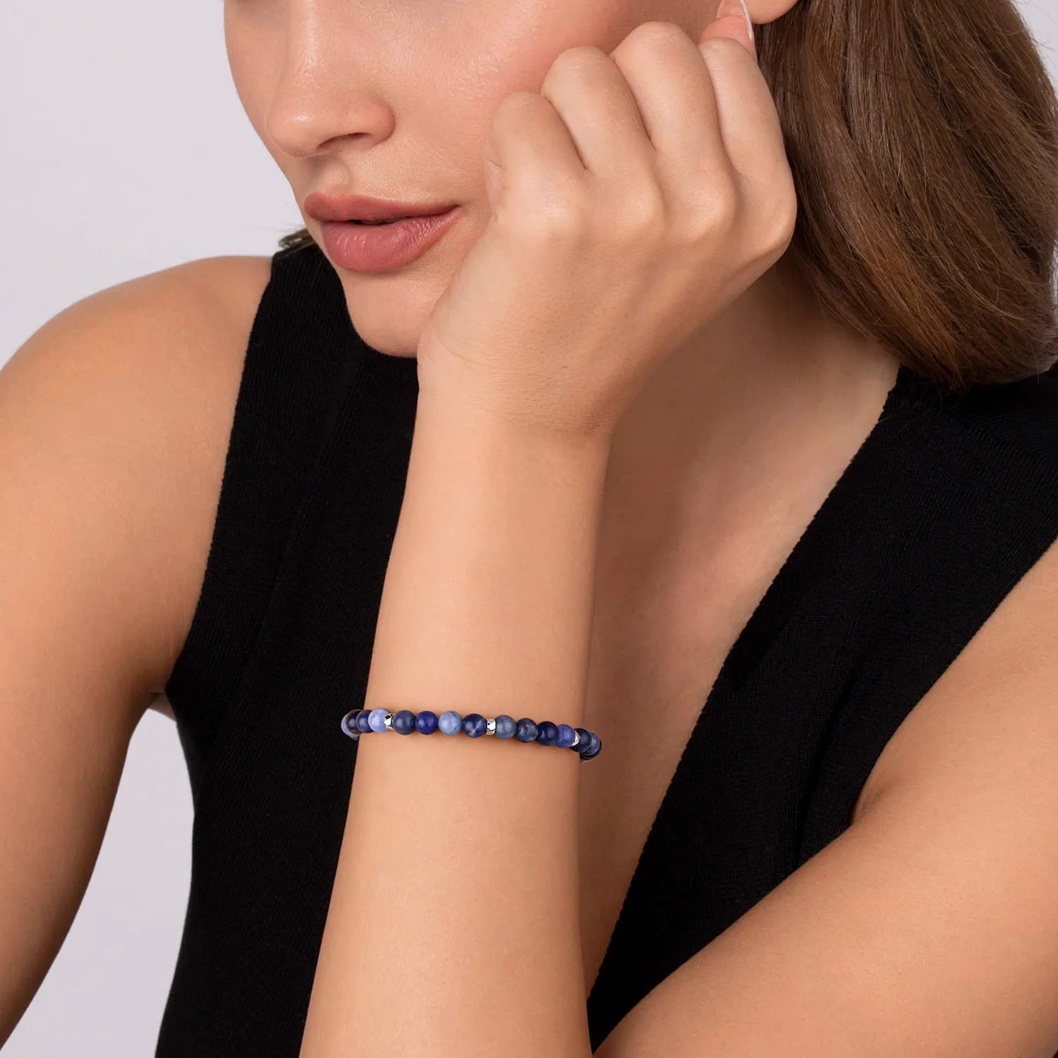 Diamonds Do Good 6mm Blue Sodalite Bead and Diamond Bracelet in Sterling Silver, photograph 3
