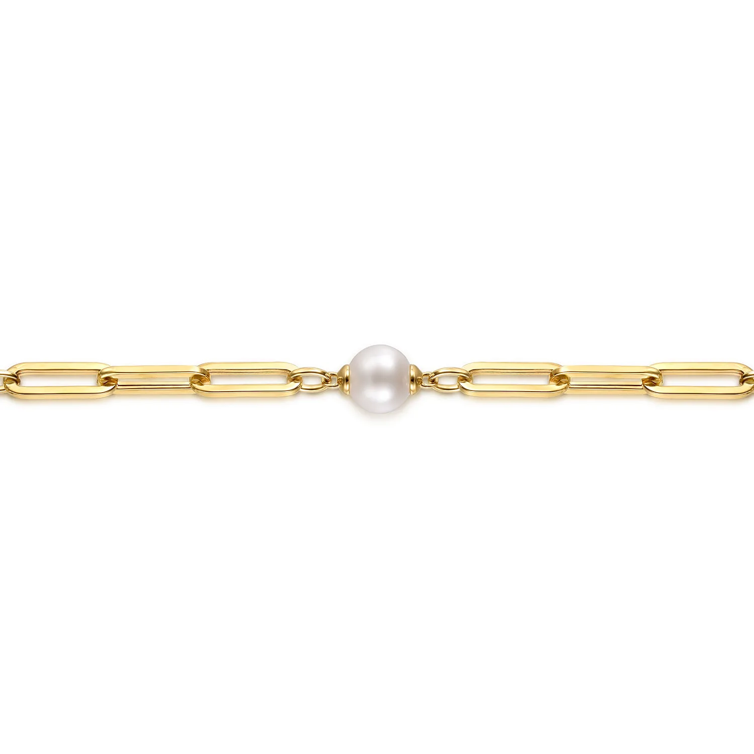 Pearl and Hollow Link Station Chain Bracelet in 14K Yellow Gold, photograph 2