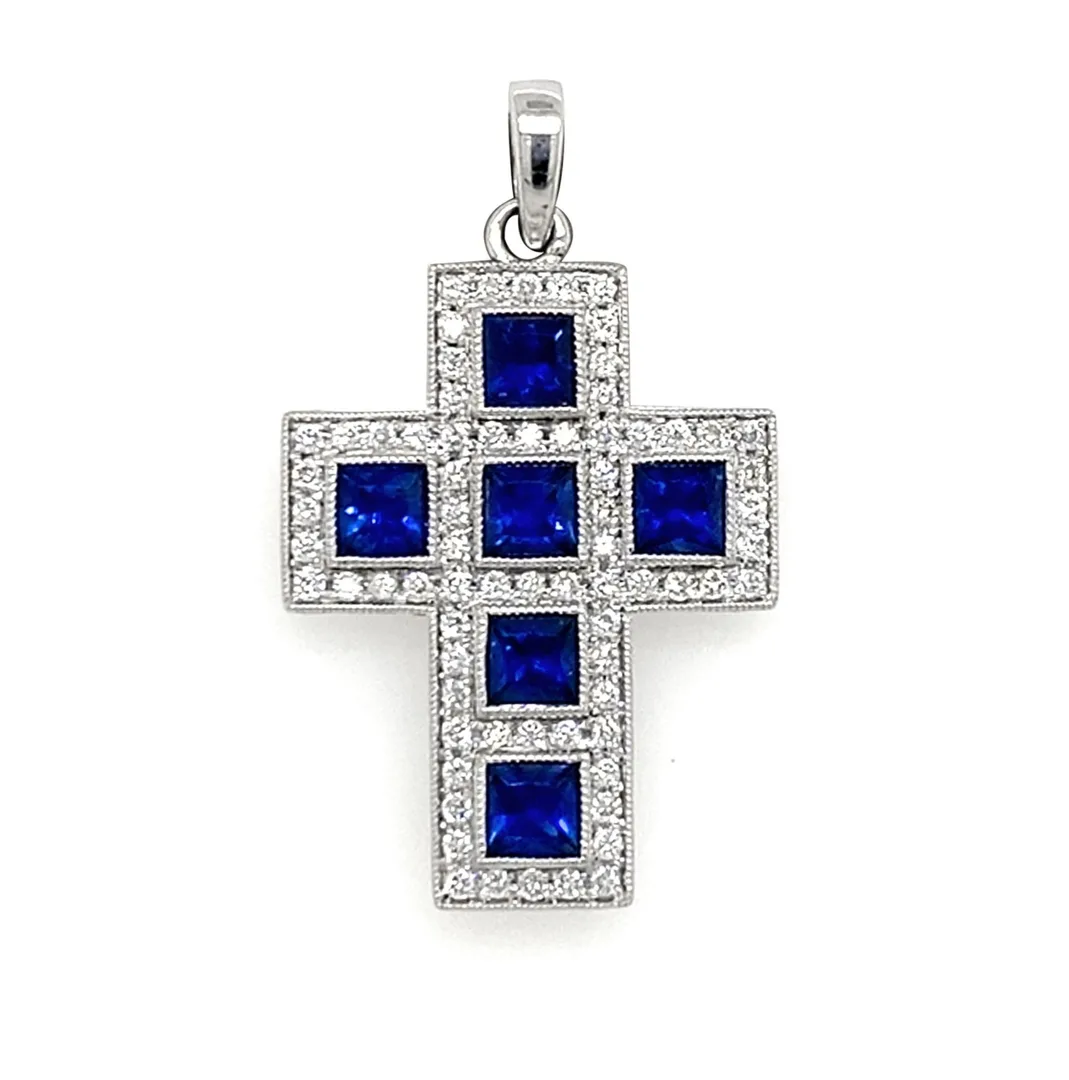 18K White Gold Sapphire Cross Pendant