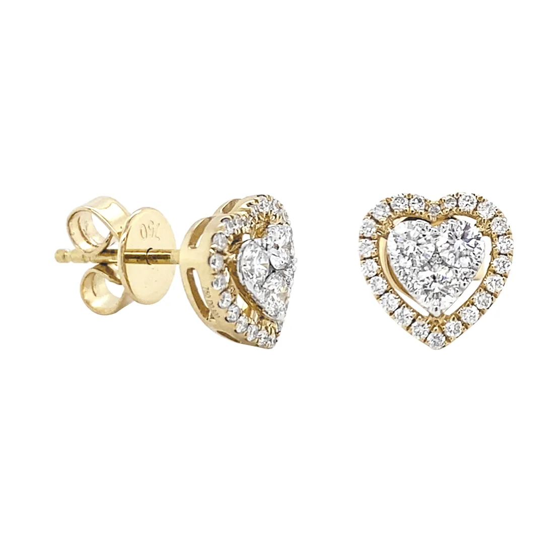 18K Yellow Gold Diamond Heart Earrings