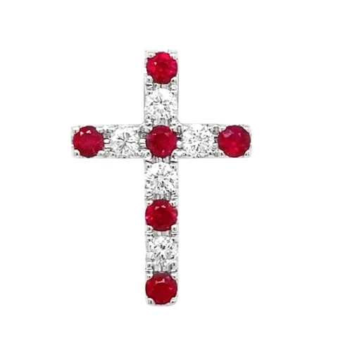 18K White Gold Ruby Cross Pendant