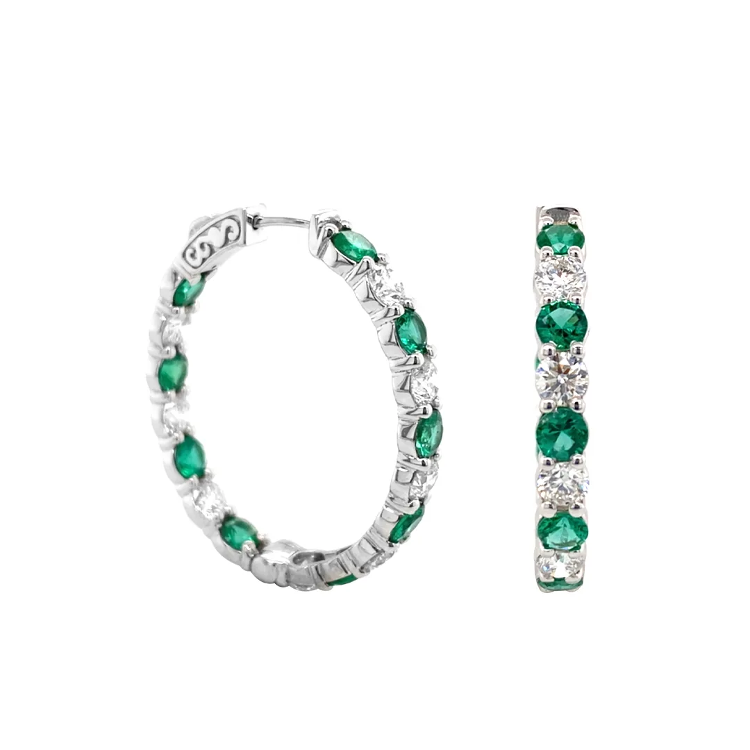 18K White Gold Emerald Hoop Earrings