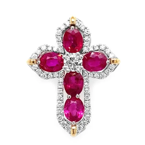 18K White Gold Ruby Cross Pendant