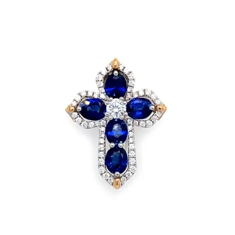 18K Two-Tone Gold Sapphire Cross Pendant
