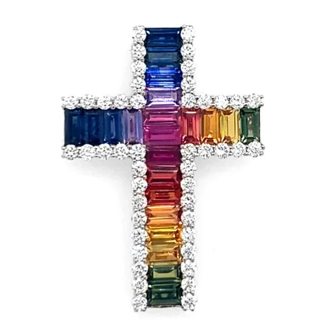 18K White Gold Fancy Sapphire Cross Pendant