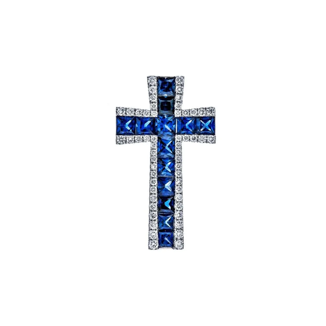 18K White Gold Cross Sapphire Pendant
