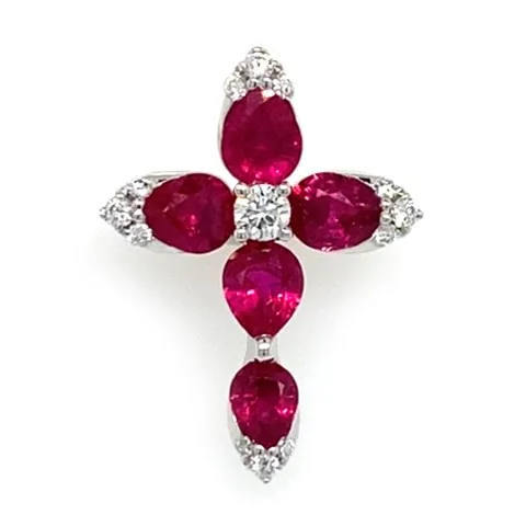 18K White Gold Ruby Cross Pendant