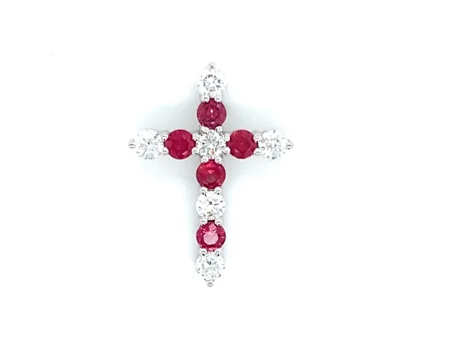 18K White Gold Ruby Cross Pendant