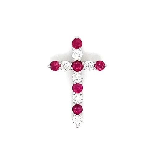 18K White Gold Ruby Cross Pendant