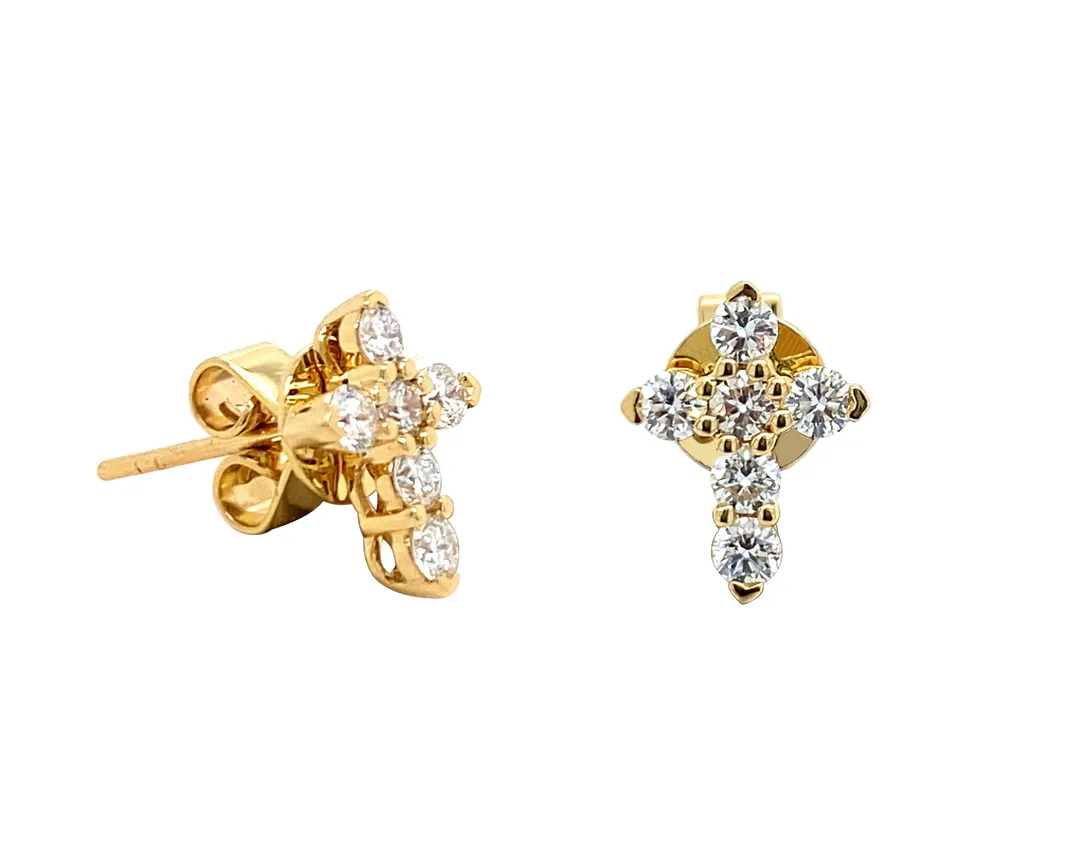 18K Yellow Gold Diamond Cross Earrings