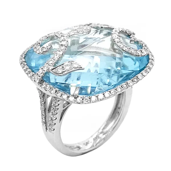 14K White Gold Diamond Blue Topaz Ring