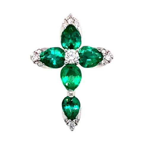 18K White Gold Emerald Cross Pendant