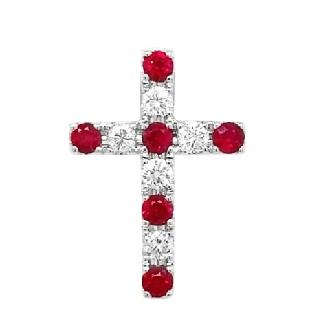 18K White Gold Ruby Cross Pendant