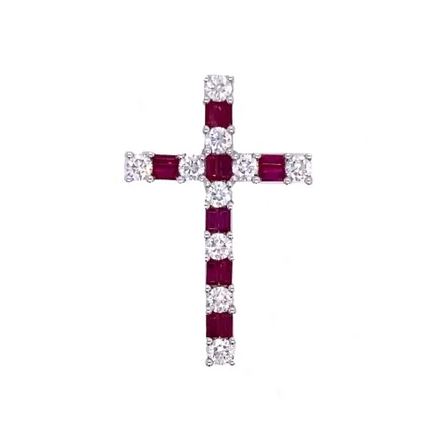 18K White Gold Ruby Cross Pendant
