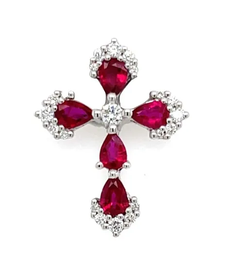 18K White Gold Ruby Cross Pendant