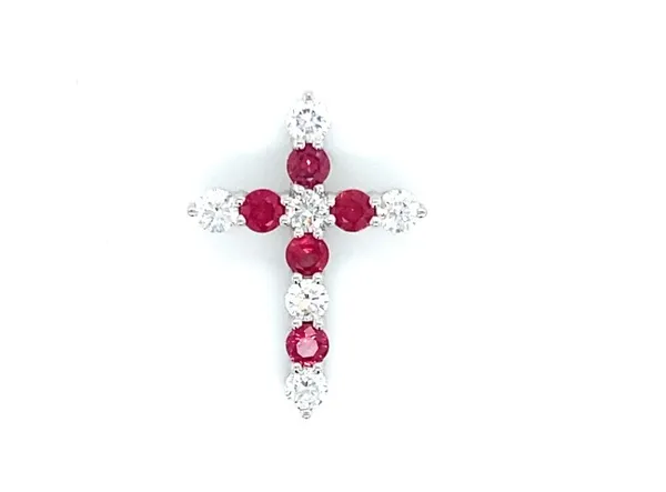 18K White Gold Ruby Cross Pendant